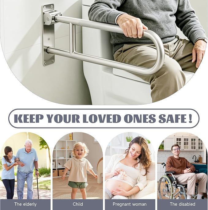30.3 Inch Toilet Grab Bar, HUAS Brushed Nickel Anti Slip Bathroom Toilet Safety Rails, U Shaped Flip-Up Handicap Grab Bars w/Paper Holder, Stainless Steel Support Handrail for Elderly Disabled Senior
