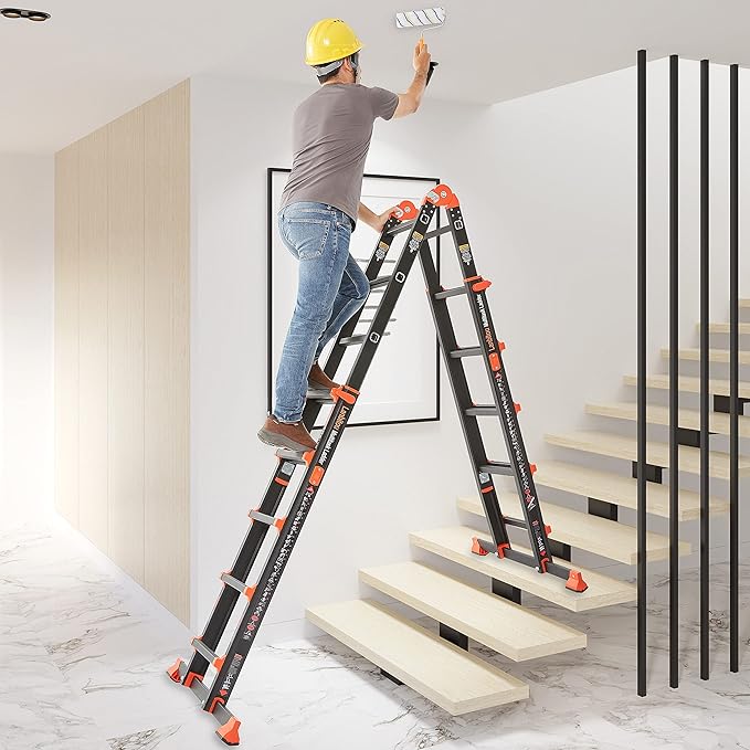 LANBITOU Ladder, A Frame 5 Step Ladder Extension, 17 Ft Anti-Slip Multi Position Ladder, Storage Folding Ladder, 330 lbs Security Load Telescoping Aluminum Ladders for Stairs Home Indoor Outdoor Roof