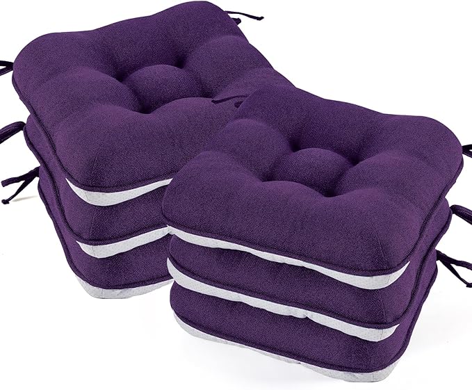 BETU Chair Cushions for Dining Chairs Set of 6,3.5" Thick Kitchen Table Chair Pads with Ties,Non Slip Backing and Covers, Seat Cushion for Dining Room,Bar,Patio Chairs,15.5"X15.5"X3.5",Dark Purple