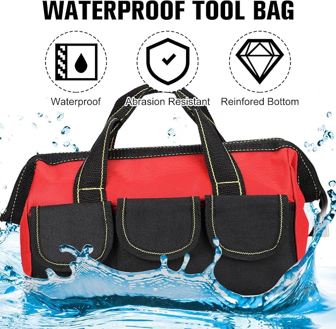 Sanwuta 3 Pack Tool Bag for Men with Waterproof Hard Bottom, Heavy Duty Tool Bag Wide Mouth Tote for Various Instrument, Electrician Carpenter Mechanic(Red,16 Inch,Classic)