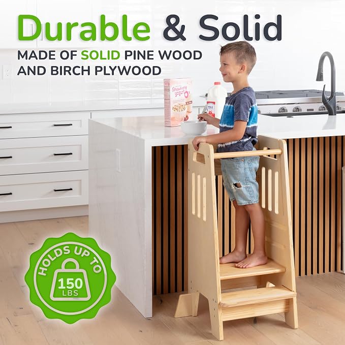 OCODILE Toddler Tower with a Sliding Door and 3 Adjustable Heights - Safe Toddler Kitchen Step Helper with Support Feet - Updated Design for 18+ Months to 6-Year-Old Kids - Varnished