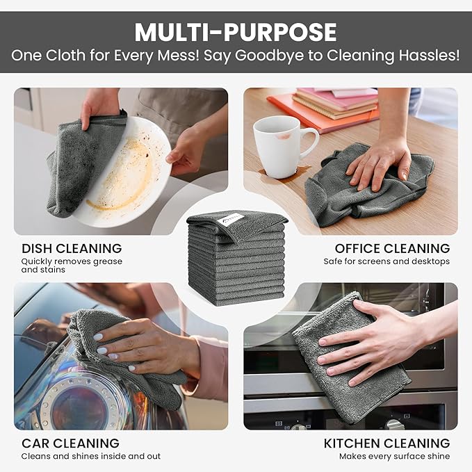 SIFANGKE Microfiber Cleaning Cloth, 12 Pack Grey Cleaning Rags for Housekeeping, Reusable Microfiber Towels for Car, Kitchen, Bathroom and Household Cleaning Supplies, 11.8"X11.8"