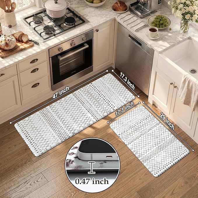 KIMODE Kitchen Mats 2PCS Cushioned Anti Fatigue Boho Kitchen Rugs and Mats Non Slip Waterproof Kitchen Mats for Floor Comfort Foam Standing Desk Mat for Home Office Sink Laundry Brown and White Decor