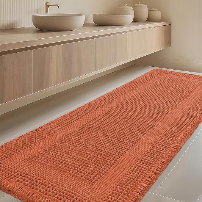 IM HOME Extra Large Waffle Bath Mat, Boho Bathroom Rugs Absorbent Non Slip, Ultra Soft Bathroom Mat, Machine Washable Knit Bath Rugs with Tassels for Bathroom,Bedroom,Kitchen,Tub,5'x2', Burnt Orange