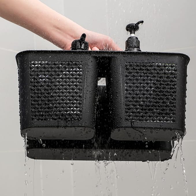 UUJOLY Plastic Portable Shower Caddy Basket Bucket, Cleaning Shower Basket with Handle Compartments Storage Basket Organizer for Bathroom Kitchen College Dorm Sink, Black