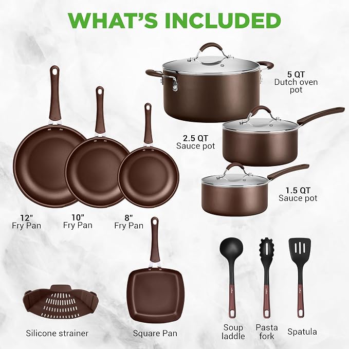 NutriChef 14-Piece Nonstick Brown Cookware Set - Scratch-Resistant Kitchen Pots and Pans with Lids & Utensils, For All Cooktops - NCCW14SBR