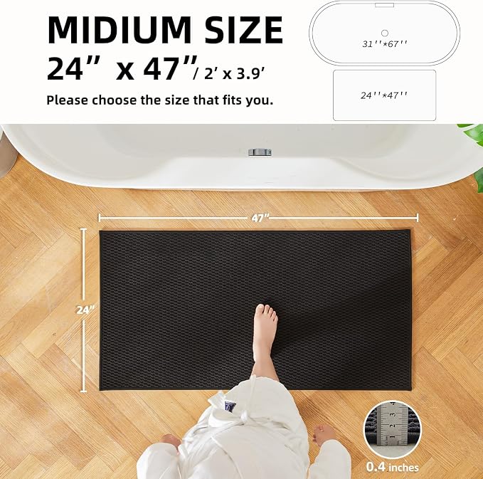 TYUU Black Bathroom Rugs Non Slip Washable, Super Absorbent Thin Bath Mat Quick Dry Low Pile Bathroom Rug, Black 24''x47''