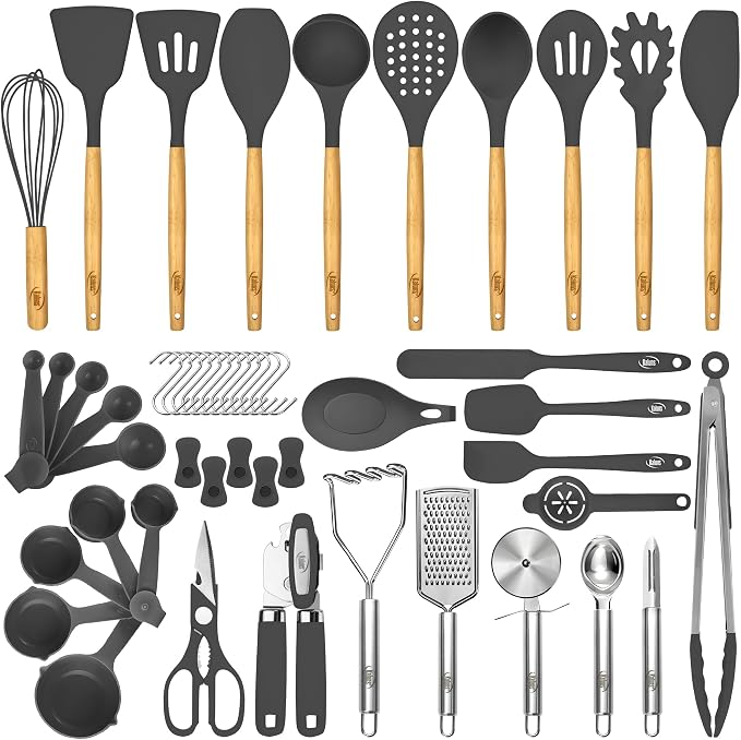 Kaluns 50 PCS Silicone Kitchen Utensils Set Complete Kitchen Set - 800°F Heat Resistant Non-Stick Premium Silicone Cooking Utensils W Wooden Handles - Can Opener, Masher, Turner, Silicone Spatula Set
