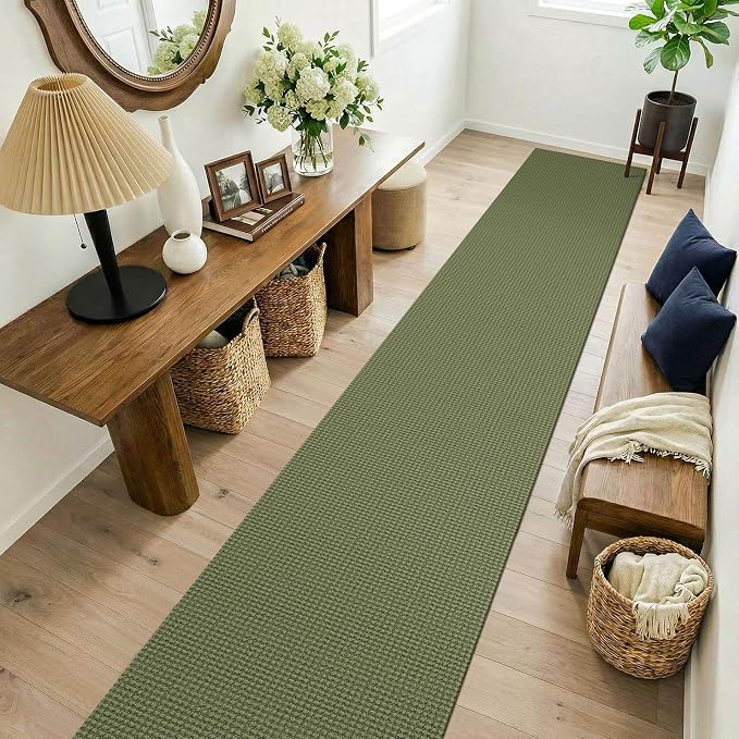 KOZYFLY Cotton 2x14 Runners Rugs for Hallway, Long Washable Runner Rug, Woven Non Slip Kitchen Runner, Flatweave Entryway Rug, Floor Carpet for Entry, Aisle, Hall, Olive Green/Earthy Green
