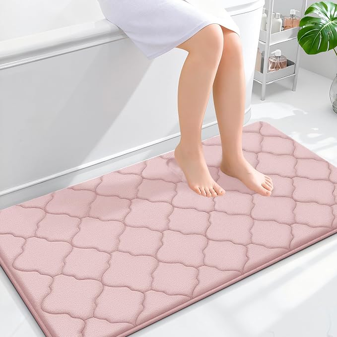 OLANLY Memory Foam Bath Mat Rug 44x24, Ultra Soft and Absorbent Bathroom Rugs, Non-Slip, Comfortable, Machine Washable Bath Carpet for Bathroom Floor, Tub, Shower and Home Decor Accessories, Pink