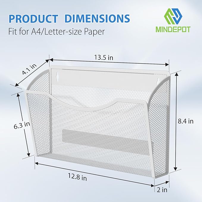 MINDEPOT Magnetic Wall File Holder - Metal Mesh Wall File Organizer with Powerful Magnet Single Pocket Wall Folder Holder for Office File Cabinet Whiteboard, No Assembly Required, Space Saver, White