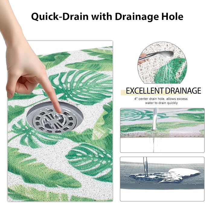 Square Shower Mat, Yonala 32 x 32 Inch Stylish Non Slip Shower Mats for Inside Shower with Central Drain Hole, Soft Trimmable PVC Loofah Anti Slip Shower Mat for Walk in Shower Stall, Quick Drying
