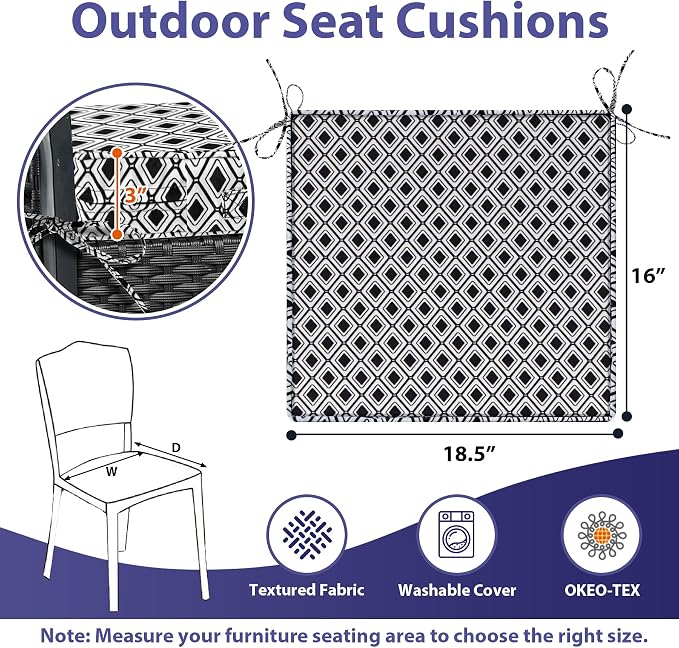IPYNBAP Outdoor Chair Cushions Set of 4 -Waterproof Outdoor Seat Cushions for Patio Furniture, Patio Chair Cushion with Handle and Ties, Out Door Chair Pads,18.5x16x3-Square, Black Geometry
