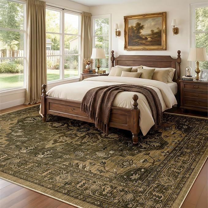 RELEANY Area Rugs 7'x10' Washable Non-Slip, Floral Vintage Distress Medallion Carpet for Living Room Bedroom Dining Room, Brown Dark Brown