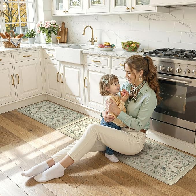 LEEVAN Anti Fatigue Mats for Kitchen Floor Non-Slip, Cushioned Kitchen Mats for Floor 17.3''x29''+17.3''x59'', Tan Memory Foam Kitchen Mat Set