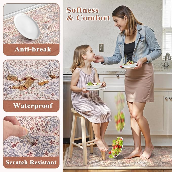 Collive Anti Fatigue Mats for Kitchen Floor, Cushioned Comfort Kitchen Rugs Sets of 2 Waterproof Non Skid Padded Sink Rugs, Pink/Blue Floral Rug Standing Mat for Laundry, Home Office Decor