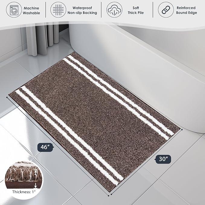 PURRUGS Bathroom Rug Non-Slip Machine Washable 30" x 46", Super Absorbent and Quick Dry Shaggy Microfiber Bath Mat, Extra Soft and Plush Bath Rug for Bathtub, Shower, and Sink, Brown