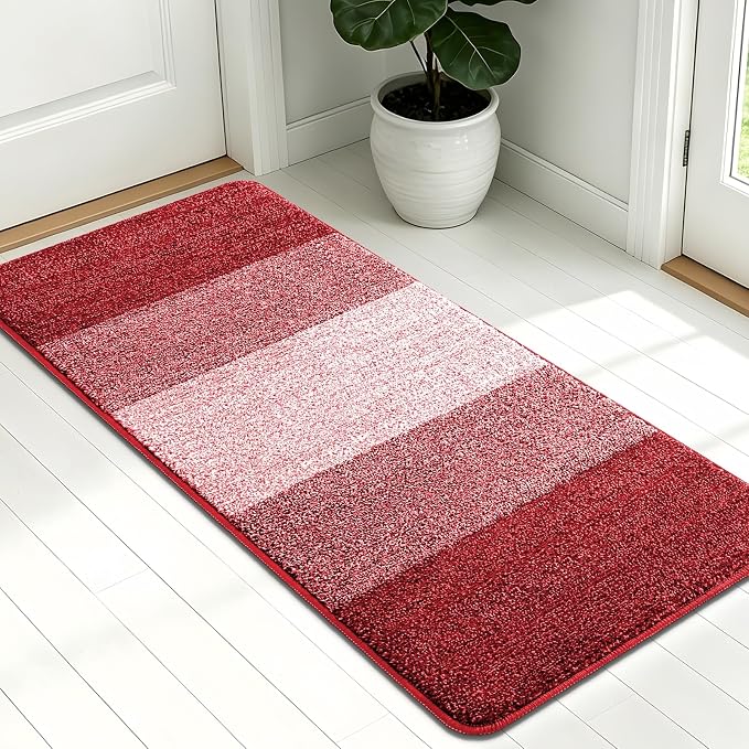 Kitinjoy Indoor Outdoor Door Mat, 54x24 Non-Slip Absorbent Dirt Trapper, Low-Profile Washable Inside Entrance Front Floor Mat, Sturdy Soft Entry Doormats for Entryway, Burgundy