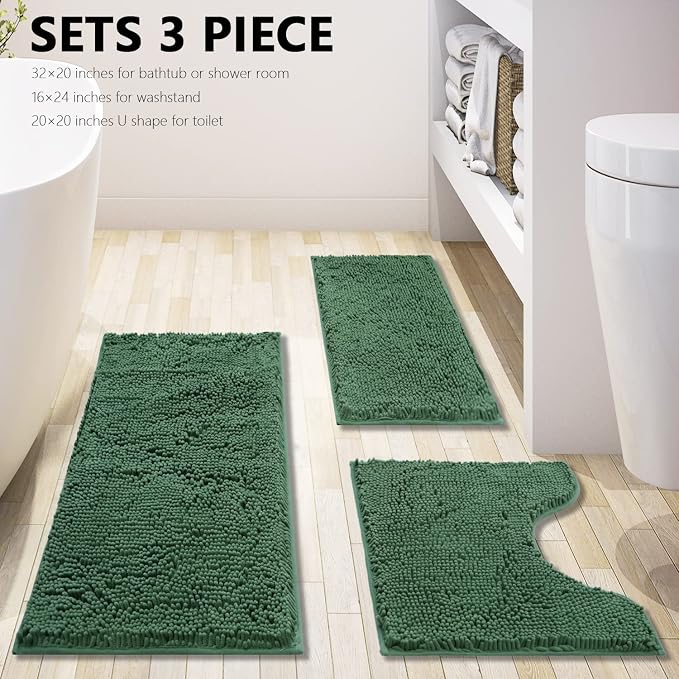 Green Bathroom Rug Chenille 3-Piece Extra Soft and Absorbent Shag Bath Mat Set, Machine Wash Bathroom Rug Set, Strong PVC Non-Slip Underside, Plush Carpet Bath Mat (Dark Green)