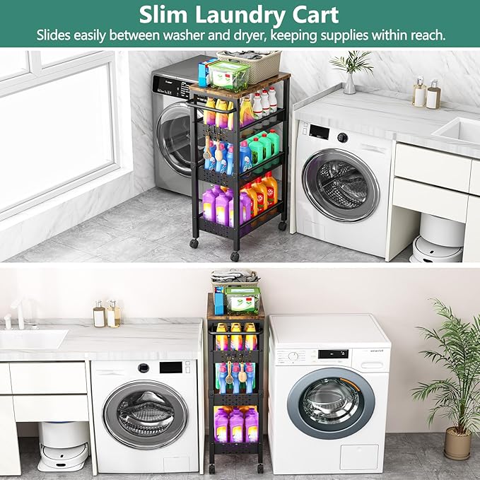 Vivihomety Utility Slim Storage Cart with Wheels, 4-Tier Narrow Rolling Organizer Shelf with Wood Top, Metal Storage Rack and Space-Saving Organizer for Bathroom, Kitchen, Laundry Room, Small Spaces