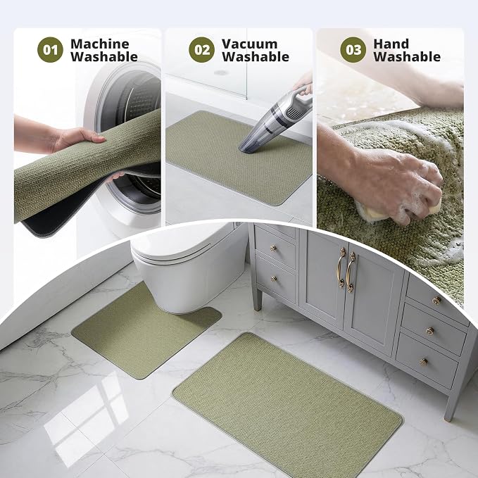 Bathroom Rugs Sets 2 Piece, Thin Bath Mat & U-Shaped Contour Toilet Rug Absorbent Quick Dry, Machine Washable, Non Slip Low Pile Bath Mats for Bathroom/Tub/Sink/Shower (27"x17" +24"x20" U, Sage Green)