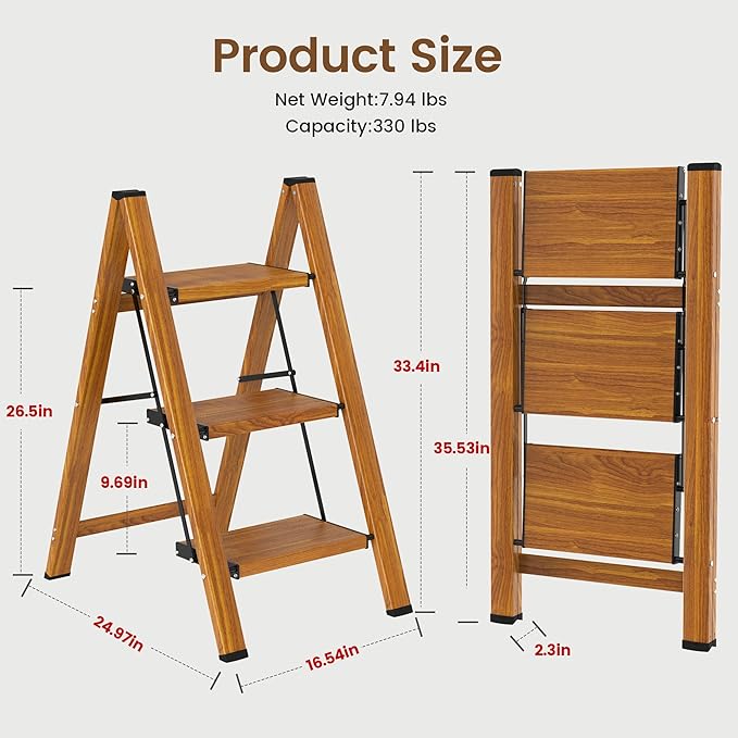 HBTower Step Ladder,Lightweight Aluminum Folding Step Stool with Anti-Slip Wide Pedal,330lbs Capacity Step Ladder for Household,Kitchen,Office - Woodgrain