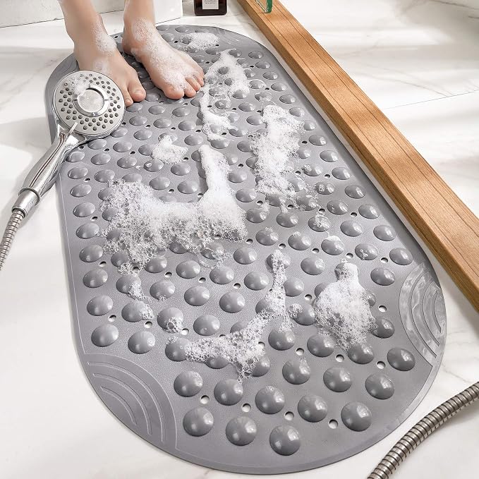 DEXI Bathtub Mat Non Slip 16x35, Shower Floor Mats for Bathroom Bath Tub, Washable Oval Bathmat with Suction Cups and Drain Holes, Grey