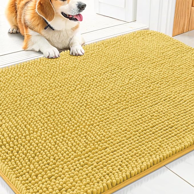 Smiry Dog Door Mat for Muddy Paws 30x20, Absorbent Dirt Trapper, Non-Slip Washable Chenille Entryway Rug for Inside Floor, Yellow, Classic Solid