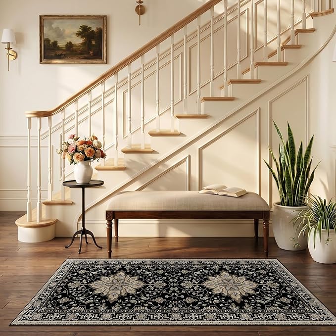 RELEANY Area Rugs Runner 2'6"x5' Washable Non-Slip, Floral Vintage Distress Medallion Carpet for Kitchen Hallway Bedroom Beside Laundry Room Bathroom, Black Brown Neutral Dark Tan