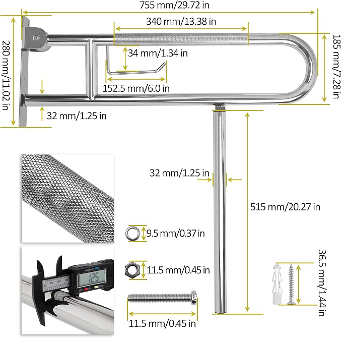 Handicap Grab Bar,29.5 Inch Stainless Steel 1.25" Diameter Toilet Safety Rails for Bathroom with Paper Holder, Anti-Slip Flip-Up Support Rail for Seniors Elderly
