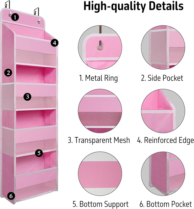 TYMENSH Pink Over Door Organizer with 4 Large Clear Pockets, Hanging Door Storage for Nursery, Bedroom, Bathroom, Closet, Toys, Diapers, Cosmetics, Baby Essentials