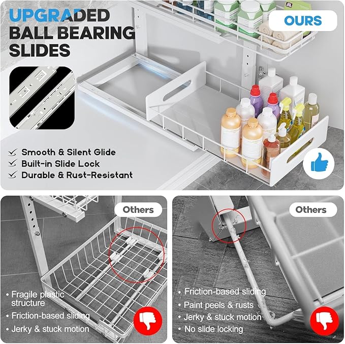Under Sink Organizer Upgrade To Professional Rails,2-Tier Dual Pull Out Cabinet Storage,Height Adjustable Slide Out Drawers For Bathroom Kitchen,2 Pack-16.7"Dx12.8"-16.9"H,White