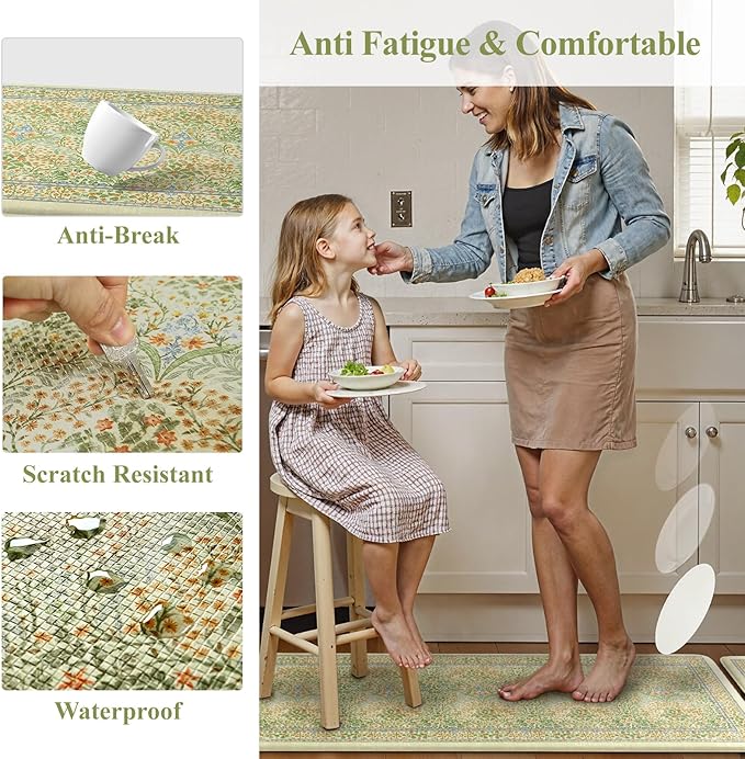 Collive Anti Fatigue Mats for Kitchen Floor, Waterproof Non Skid Kitchen Rugs Sets of 2 Vintage Floral Desk Rug, Foam Comfort Standing Mat for Office, Sink, Laundry, Light Green