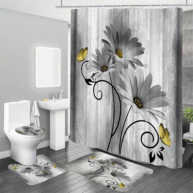 Onalasyc 4PCS Grey Daisy Flowers Butterfly Shower Curtain Set with Shower Curtain and Carpet and Accessories, Waterproof Bathroom Shower Curtain Decorative Set with 12 pcs Hooks,71 x 71in