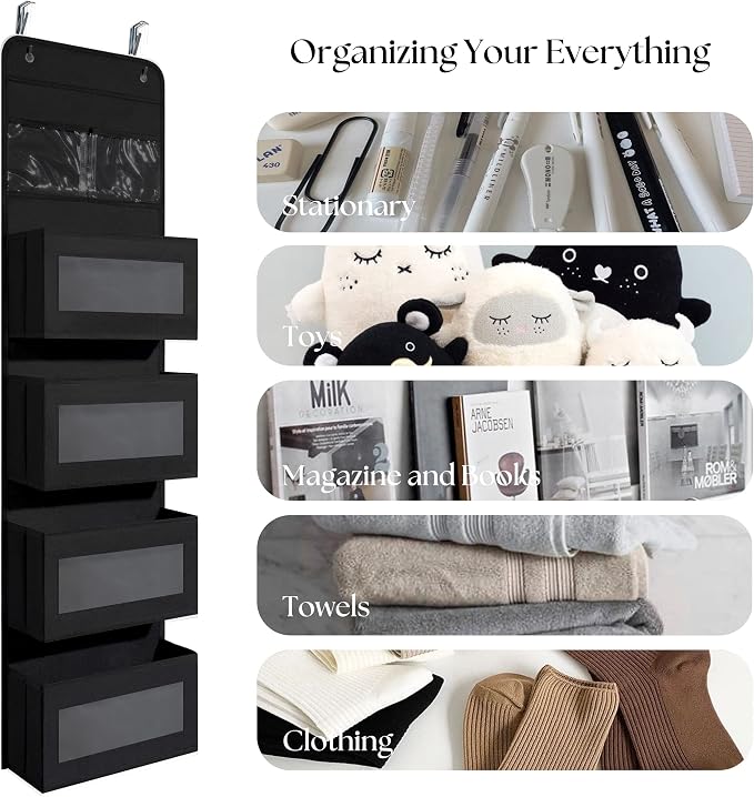 Giraffe Creation Black Over Door Organizer with 4 Large Clear Pockets, Hanging Door Storage for Closet, Bathroom, Bedroom, Dorm, Nursery, Toys, Toiletries, Cosmetics