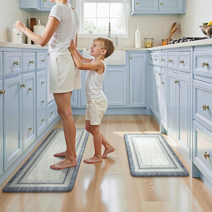 KIMODE Anti Fatigue Kitchen Mat 2PCS Non-Skid Waterproof Kitchen Rugs Farmhouse Kitchen Mat for Floor Laundry Room Rug,Cushioned Comfort Foam Standing Mat for Office Sink Desk Blue and Gray Home Decor