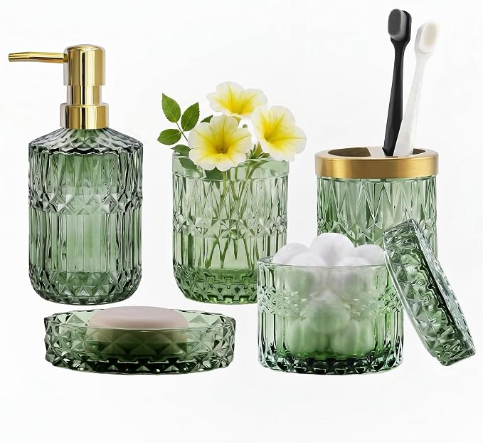 LaMarriti Green Bathroom Accessories Set, 6 Pcs Clear Glass Bathroom Set, Soap Dispenser, Soap Dish, Toothbrush Holder, Tumbler, Q-Tips Holder for Vintage Crystal Bathroom Decor, Gift Set