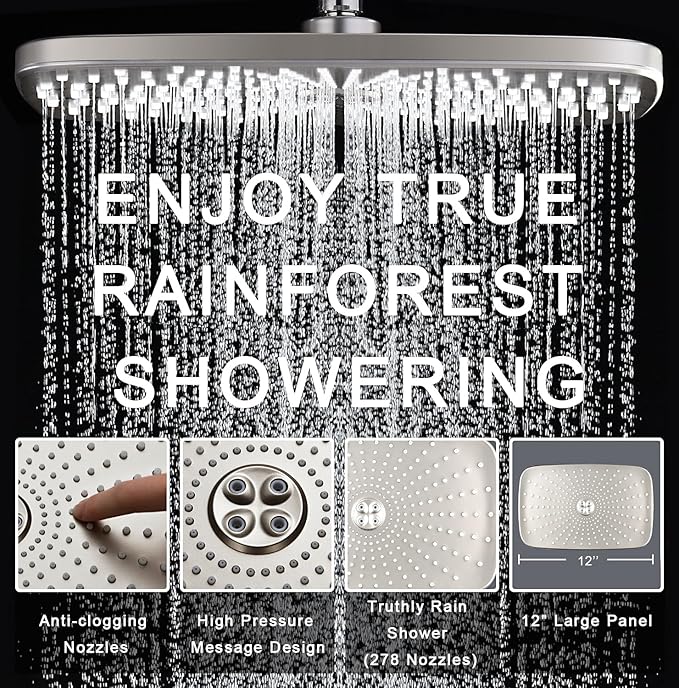 BOZYBO Rain Shower Head with Handheld: High Pressure Shower Heads with Handheld Spray Combo, 12" Rainfall Shower Head and 9 Sprays Hand Showerheads with Magnetic Docking and Power Jets, Nickel