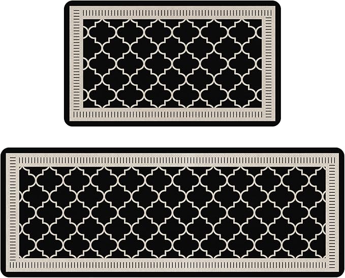 Black Vintage Moroccan Grid Elegance Kitchen Rug Sets [2 PCs], Anti-Fatigue, Waterproof Non-Slip Kitchen Mats Heavy Duty Comfort Foam Rug for Kitchen, Floor, Laundry,17"x29"+17"x47"