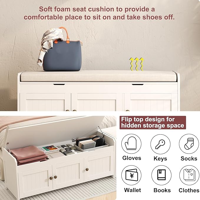 HOMEFORT 41.3" Shoe Bench with Lift Top Storage, Entryway Bench with Cushioned Seat, Wooden End of Bed Bench, Shoe Cabinet Bench with Hidden Storage Space, for Bedroom, Hallway,White