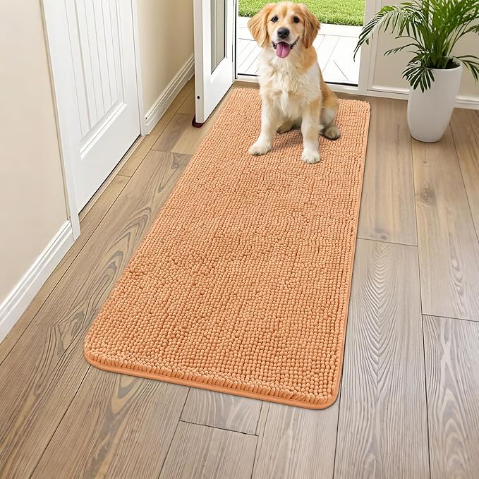 Smiry Dog Door Mat for Muddy Paws 47x24, Absorbent Dirt Trapper, Non-Slip Washable Chenille Entryway Rug for Inside Floor, Orange, Classic Solid
