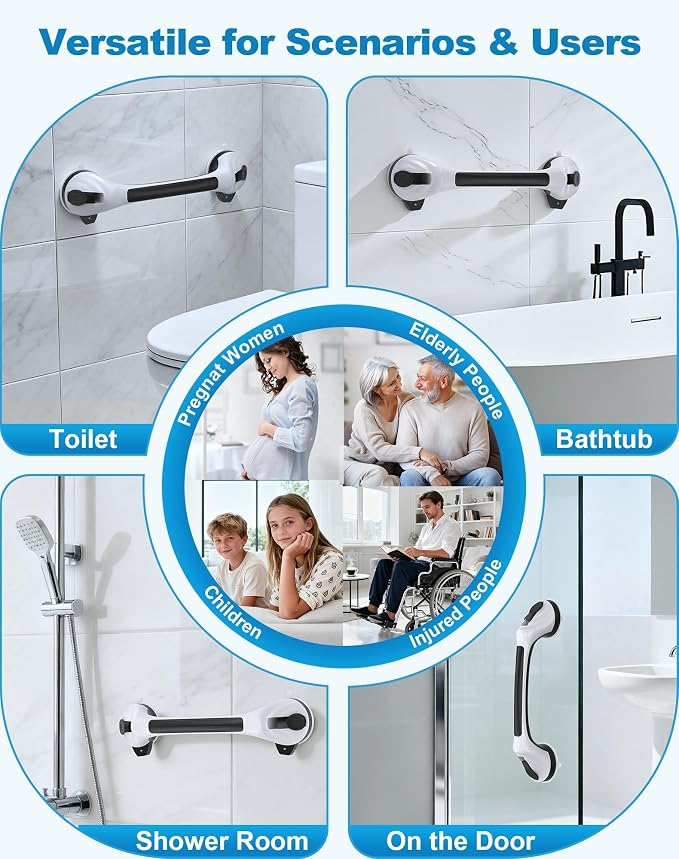 Grab Bars for Shower and Bathtubs 16.7 Inch, Shower Handle with Indicators, Suction Cup Handle for Shower Chair Stool, Safety Gifts for Seniors, Elderly & Handicap, 2 Pack