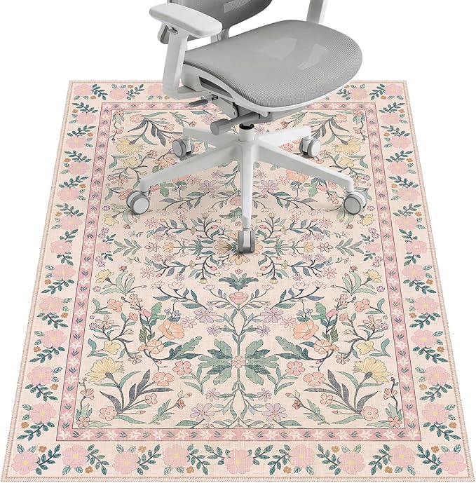 Office Chair Mat for Hardwood Floor & Tile Floor,36"x48" Heavy Duty Desk Chair Mat for Hard Floors, Under Desk Rug for Rolling Computer Chair,Anti Slip,Low Pile Carpet Floor-Pink Flowers