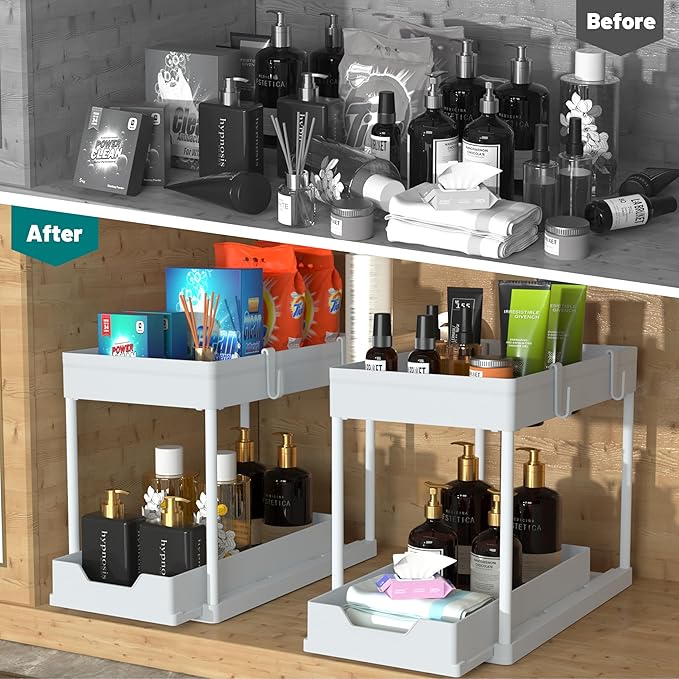 Under Sink Organizer - 2 Pack | Pull out Bathroom Organizer | 2 Tier Slide out Bathroom/Kitchen Organizers and Storage | White