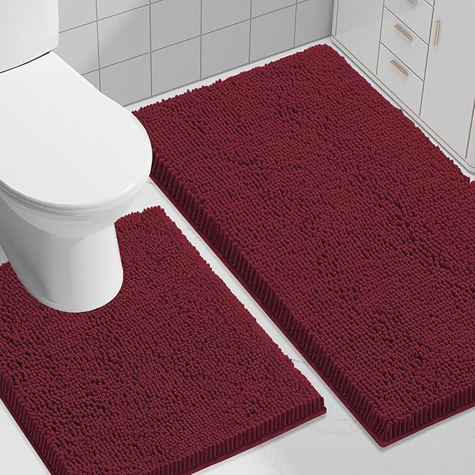 Smiry Bathroom Rugs Set 2 Piece, Soft Absorbent Chenille Bath Mat and U-Shaped Toilet Rug Set, Non Slip Shaggy Bath Carpet for Tub, Shower and Floor (30x20+24x20, Burgundy)