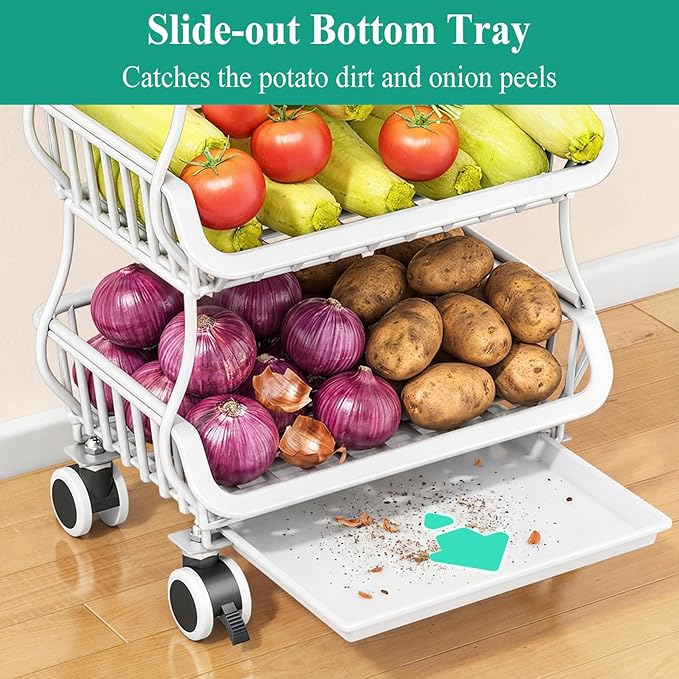 SAYZH Fruit Basket Kitchen Pantry Organizers and Storage - Wooden Top Table, Stackable Metal Wire Basket Stand Cart for Fruit Vegetable Snacks Onion Potato Organization (White, 4 Tiers)