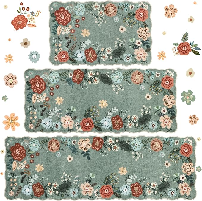 Homcomoda Floral Kitchen Rugs Mats for Floor 3PC, Farmhouse Non Slip Kitchen Rug Runner, Washable Non Skid Kitchen Rugs, Comfort Standing Mat for Laundry, Desk, Bar, Office