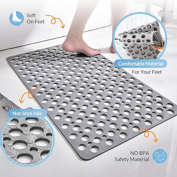 Non Slip Bathtub and Shower Mat, 30x17 in (75x43 cm), Soft Bath Tub Mat with Suction Cups and Bigger Drain Holes, Machine Washable & Quick Easy Dry, Non Slip Bath Mats for Inside Shower, Gray