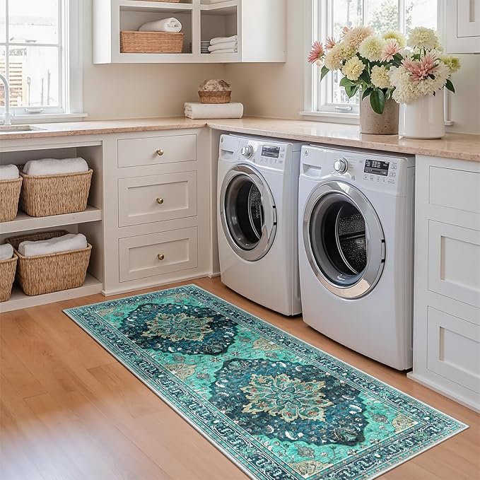 RELEANY Area Rugs Runner 2'x5' Washable Non-Slip, Floral Vintage Distress Medallion Carpet for Kitchen Hallway Bedroom Beside Laundry Room Bathroom, Teal Green Lake Blue Turquoise