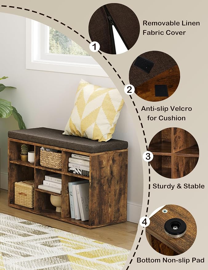 DINZI LVJ Shoe Storage Bench with Cushion, Cubby Rack with 9 Cubbies, Adjustable Shelves, Multifunctional Organizer Bench for Entryway, Mudroom, Hallway, Closet and Garage, Rustic Brown
